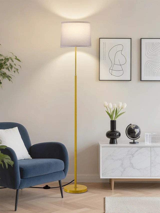 Alt view image 5 of 7 - 60" Modern Floor Lamp with Linen Shade, 3 Color LED Bulb & Foot Switch Standing Lamp with Dimmable A19 9W 3 Color Temperature Bulb, Tall Lamp for Living Room, Bedroom, Office, Corner, Gold
