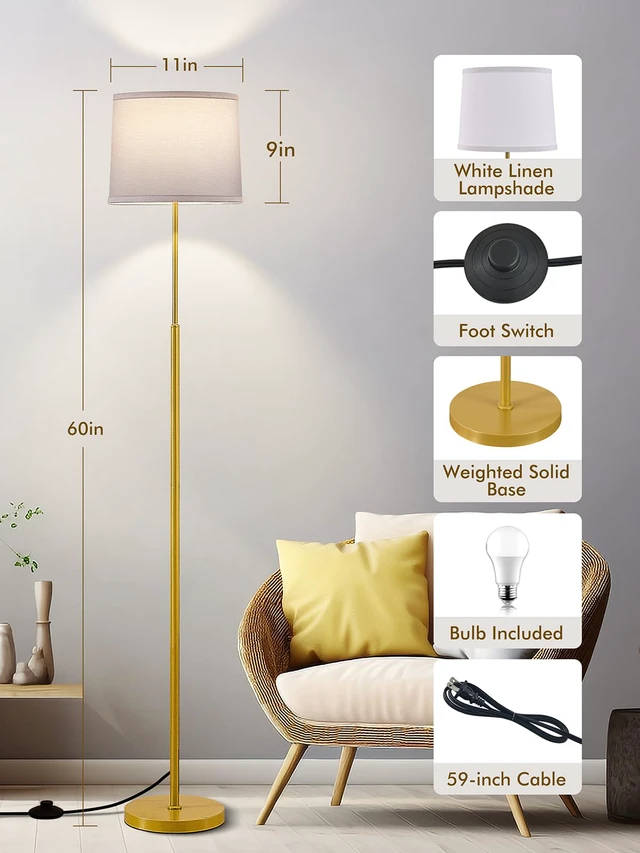 Alt view image 3 of 7 - 60" Modern Floor Lamp with Linen Shade, 3 Color LED Bulb & Foot Switch Standing Lamp with Dimmable A19 9W 3 Color Temperature Bulb, Tall Lamp for Living Room, Bedroom, Office, Corner, Gold
