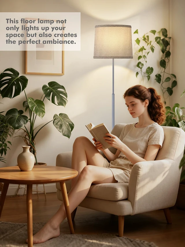 Alt view image 7 of 7 - 60" Modern Floor Lamp with Linen Shade, 3 Color LED Bulb & Foot Switch Standing Lamp with Dimmable A19 9W 3 Color Temperature Bulb, Tall Lamp for Living Room, Bedroom, Office, Corner, Silver