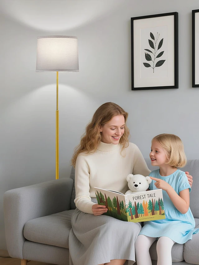 Alt view image 6 of 7 - 60" Modern Floor Lamp with Linen Shade, 3 Color LED Bulb & Foot Switch Standing Lamp with Dimmable A19 9W 3 Color Temperature Bulb, Tall Lamp for Living Room, Bedroom, Office, Corner, Gold