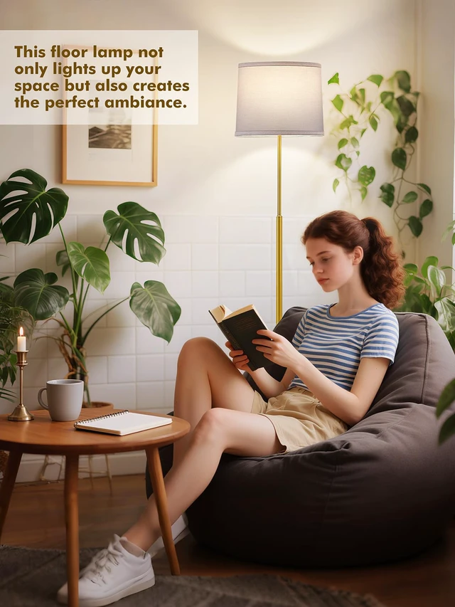Alt view image 7 of 7 - 60" Modern Floor Lamp with Linen Shade, 3 Color LED Bulb & Foot Switch Standing Lamp with Dimmable A19 9W 3 Color Temperature Bulb, Tall Lamp for Living Room, Bedroom, Office, Corner, Gold