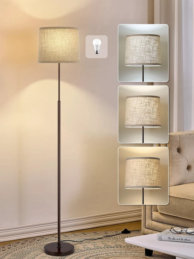 Main image of 60" Modern Floor Lamp with Linen Shade, 3 Color LED Bulb & Foot Switch Standing Lamp with Dimmable A19 9W 3 Color Temperature Bulb, Tall Lamp for Living Room, Bedroom, Office, Corner, Brown