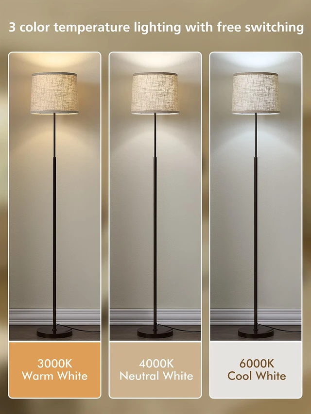 Alt view image 2 of 7 - 60" Modern Floor Lamp with Linen Shade, 3 Color LED Bulb & Foot Switch Standing Lamp with Dimmable A19 9W 3 Color Temperature Bulb, Tall Lamp for Living Room, Bedroom, Office, Corner, Brown