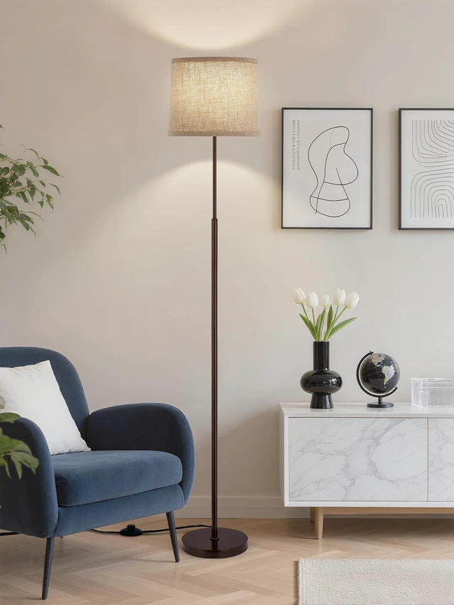 Alt view image 5 of 7 - 60" Modern Floor Lamp with Linen Shade, 3 Color LED Bulb & Foot Switch Standing Lamp with Dimmable A19 9W 3 Color Temperature Bulb, Tall Lamp for Living Room, Bedroom, Office, Corner, Brown
