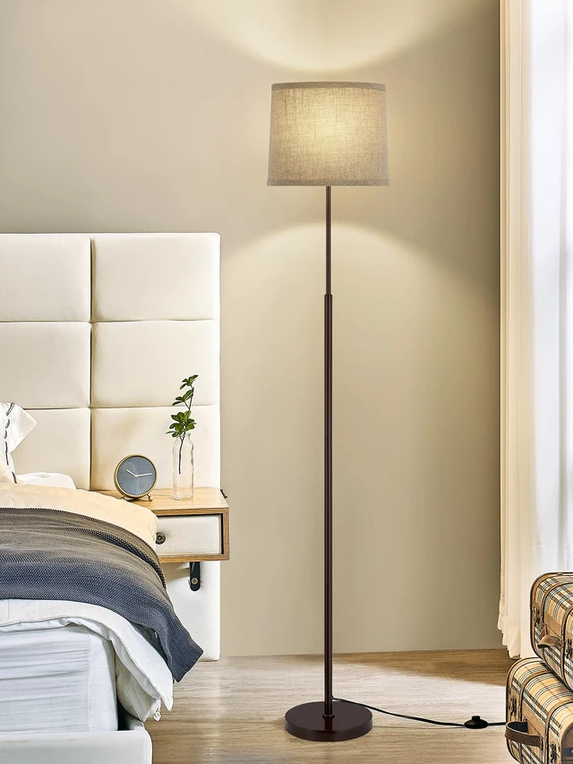 Alt view image 4 of 7 - 60" Modern Floor Lamp with Linen Shade, 3 Color LED Bulb & Foot Switch Standing Lamp with Dimmable A19 9W 3 Color Temperature Bulb, Tall Lamp for Living Room, Bedroom, Office, Corner, Brown