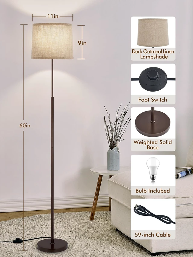 Alt view image 3 of 7 - 60" Modern Floor Lamp with Linen Shade, 3 Color LED Bulb & Foot Switch Standing Lamp with Dimmable A19 9W 3 Color Temperature Bulb, Tall Lamp for Living Room, Bedroom, Office, Corner, Brown