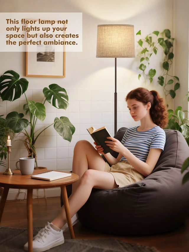 Alt view image 7 of 7 - 60" Modern Floor Lamp with Linen Shade, 3 Color LED Bulb & Foot Switch Standing Lamp with Dimmable A19 9W 3 Color Temperature Bulb, Tall Lamp for Living Room, Bedroom, Office, Corner, Brown