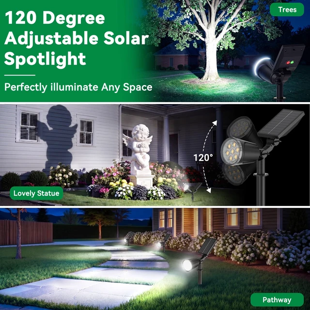 Alt view image 2 of 7 - Solar Lights Outdoor Spot Light Waterproof: 1000LM Adjustable Cool White Spotlights - 2-in-1 15Hrs+ Bright Wall Spot Light - Solar Powered Landscape Spotlight for Garden, Yard, Tree, Flag