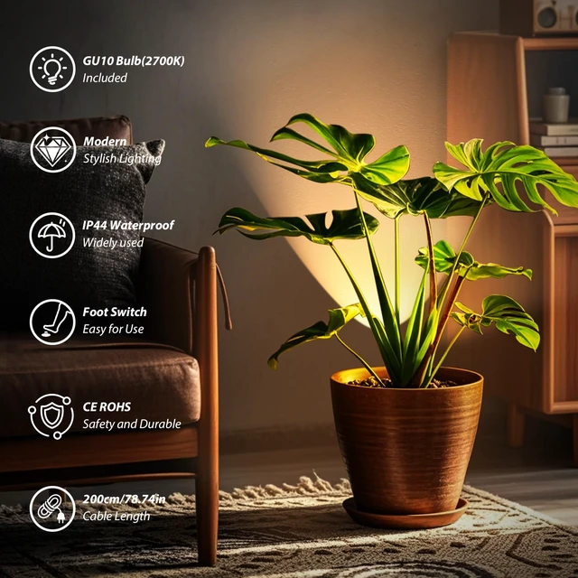 Alt view image 3 of 7 - Uplighting Indoor, 7W Floor Can Lights with 2700K LED GU10 Bulbs 2 Pack IP44 Waterproof Uplights Spotlight for Dark Corner Sofa House Plant Wall Artwork Indoor, 6.5FT Plug Cord & Foot Switch