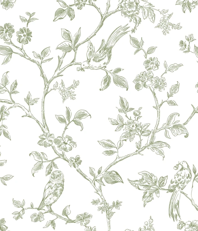 Main image of Vintage Floral Wallpaper Peel and Stick Wallpaper Flowers Birds 16.9in×393.7in Green and White Floral Contact Paper Flower Self Adhesive Decorative Wall Paper for Bathroom Bedroom Cabinets