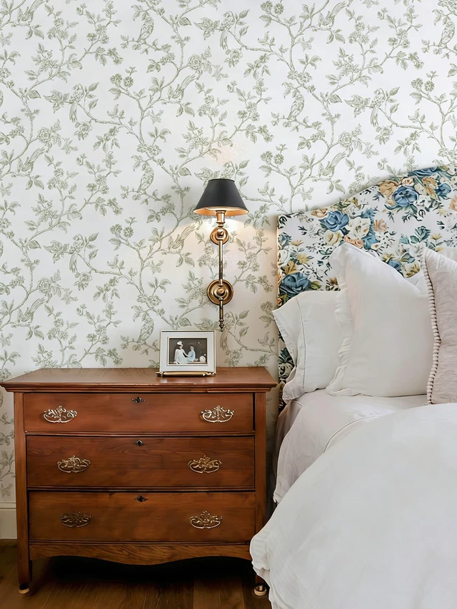 Alt view image 2 of 7 - Vintage Floral Wallpaper Peel and Stick Wallpaper Flowers Birds 16.9in×393.7in Green and White Floral Contact Paper Flower Self Adhesive Decorative Wall Paper for Bathroom Bedroom Cabinets