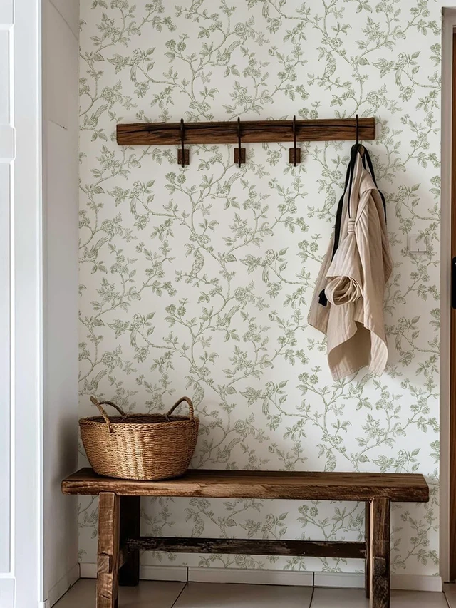 Alt view image 3 of 7 - Vintage Floral Wallpaper Peel and Stick Wallpaper Flowers Birds 16.9in×393.7in Green and White Floral Contact Paper Flower Self Adhesive Decorative Wall Paper for Bathroom Bedroom Cabinets