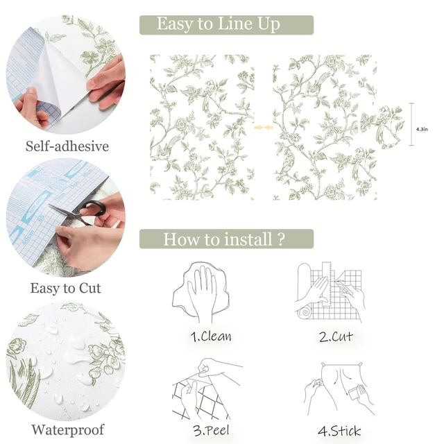 Alt view image 5 of 7 - Vintage Floral Wallpaper Peel and Stick Wallpaper Flowers Birds 16.9in×393.7in Green and White Floral Contact Paper Flower Self Adhesive Decorative Wall Paper for Bathroom Bedroom Cabinets