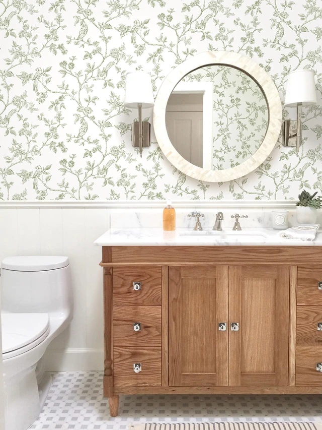 Alt view image 6 of 7 - Vintage Floral Wallpaper Peel and Stick Wallpaper Flowers Birds 16.9in×393.7in Green and White Floral Contact Paper Flower Self Adhesive Decorative Wall Paper for Bathroom Bedroom Cabinets