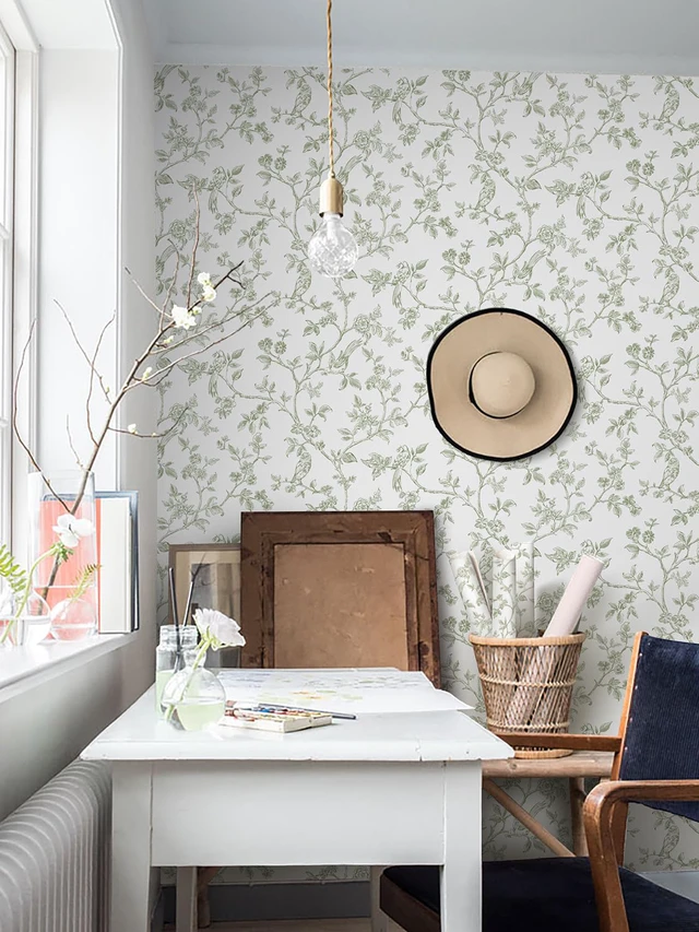 Alt view image 7 of 7 - Vintage Floral Wallpaper Peel and Stick Wallpaper Flowers Birds 16.9in×393.7in Green and White Floral Contact Paper Flower Self Adhesive Decorative Wall Paper for Bathroom Bedroom Cabinets