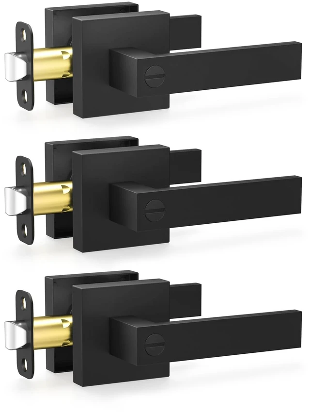 Main image of 3 Pack Black Door Handles, Privacy Interior Door Knobs with Lock Heavy Duty Keyless Door Locks for Bedroom Bathroom, Square Door Lever Locksets, Reversible for Left & Right Handled Doors