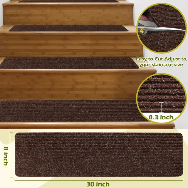 Alt view image 2 of 7 - Stair Treads Non-Slip 16 Pack 8"x30" - Carpet Stair Runner for Indoor Wooden Steps with TPE Backing & Anti-Skid Surface, Reusable Adhesive Safety Rug for Kids/Elder/Pet-Friendly - Brown