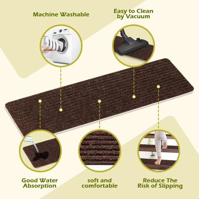 Alt view image 4 of 7 - Stair Treads Non-Slip 16 Pack 8"x30" - Carpet Stair Runner for Indoor Wooden Steps with TPE Backing & Anti-Skid Surface, Reusable Adhesive Safety Rug for Kids/Elder/Pet-Friendly - Brown