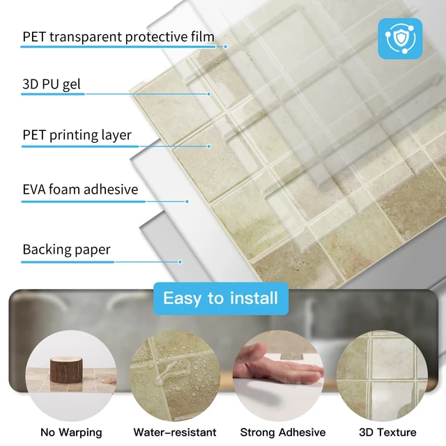 Alt view image 5 of 7 - Grid Design Peel and Stick Backsplash, 10-Pack, 12 x 12 in, Khaki Enhanced Thickness, Strong Adhesion, Moisture Resistant, Long-Lasting, Minimalist Look, DIY Friendly, for Kitchen Countertops
