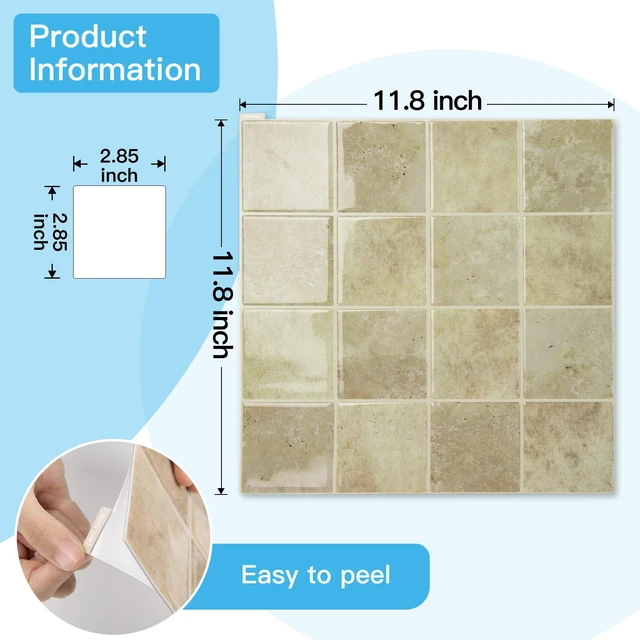 Alt view image 6 of 7 - Grid Design Peel and Stick Backsplash, 10-Pack, 12 x 12 in, Khaki Enhanced Thickness, Strong Adhesion, Moisture Resistant, Long-Lasting, Minimalist Look, DIY Friendly, for Kitchen Countertops