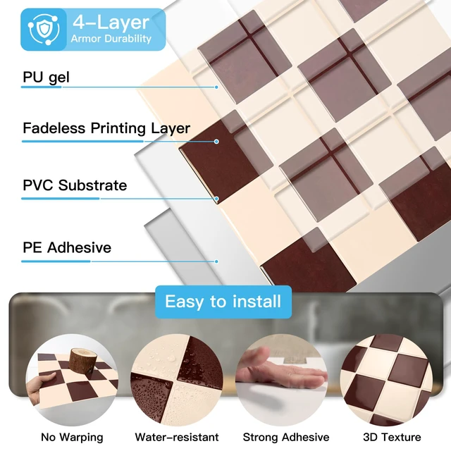 Alt view image 7 of 7 - Grid Peel and Stick Backsplash, 10-Pack, Red Brown and Warm White 12 x 12 Inch, Enhanced Thickness, Superior Adhesion, Moisture Resistant, Long-Lasting, Minimalist Look, for Kitchen Decor