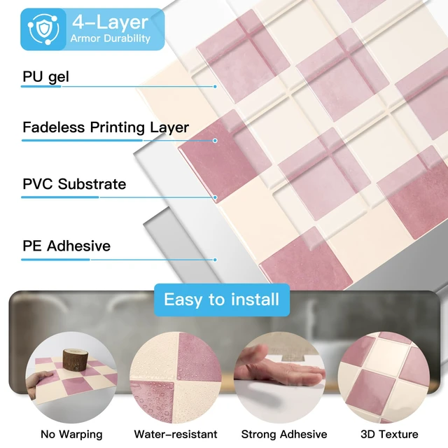 Alt view image 6 of 7 - Grid Peel and Stick Backsplash, 10-Pack, 12" x 12", Pink & Warm White Enhanced Thickness, Strong Adhesion, Moisture Resistant, Long-Lasting, Minimalist Look, DIY Friendly, for Kitchen Countertops