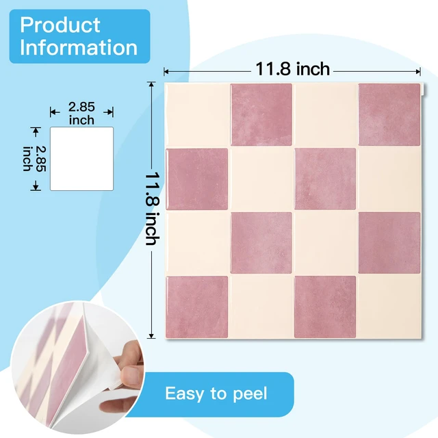 Alt view image 7 of 7 - Grid Peel and Stick Backsplash, 10-Pack, 12" x 12", Pink & Warm White Enhanced Thickness, Strong Adhesion, Moisture Resistant, Long-Lasting, Minimalist Look, DIY Friendly, for Kitchen Countertops