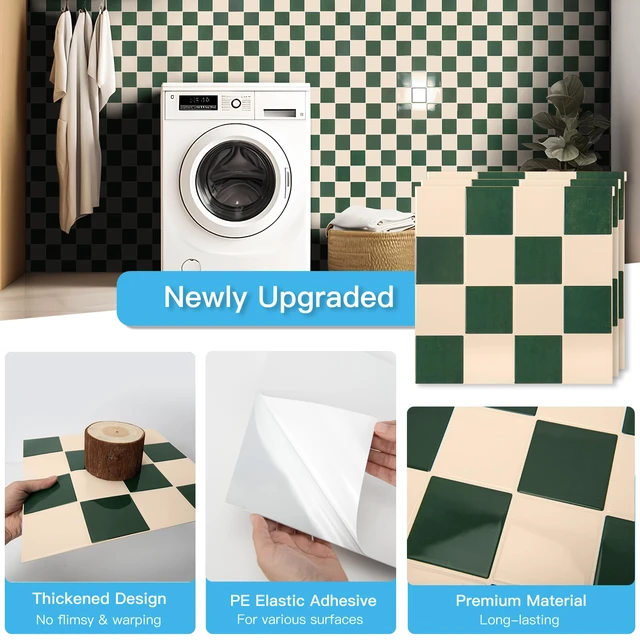Alt view image 5 of 7 - Grid Tile Peel and Stick Backsplash, 10-Pack, Dark-Green & Warm White 12 x 12 Inch, Enhanced Thickness, Superior Adhesion, Moisture Resistant, Long-Lasting, Minimalist Look, for Kitchen Decor