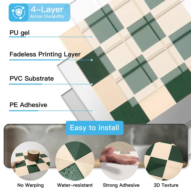 Alt view image 6 of 7 - Grid Tile Peel and Stick Backsplash, 10-Pack, Dark-Green & Warm White 12 x 12 Inch, Enhanced Thickness, Superior Adhesion, Moisture Resistant, Long-Lasting, Minimalist Look, for Kitchen Decor