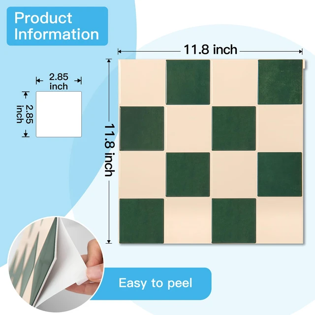 Alt view image 7 of 7 - Grid Tile Peel and Stick Backsplash, 10-Pack, Dark-Green & Warm White 12 x 12 Inch, Enhanced Thickness, Superior Adhesion, Moisture Resistant, Long-Lasting, Minimalist Look, for Kitchen Decor