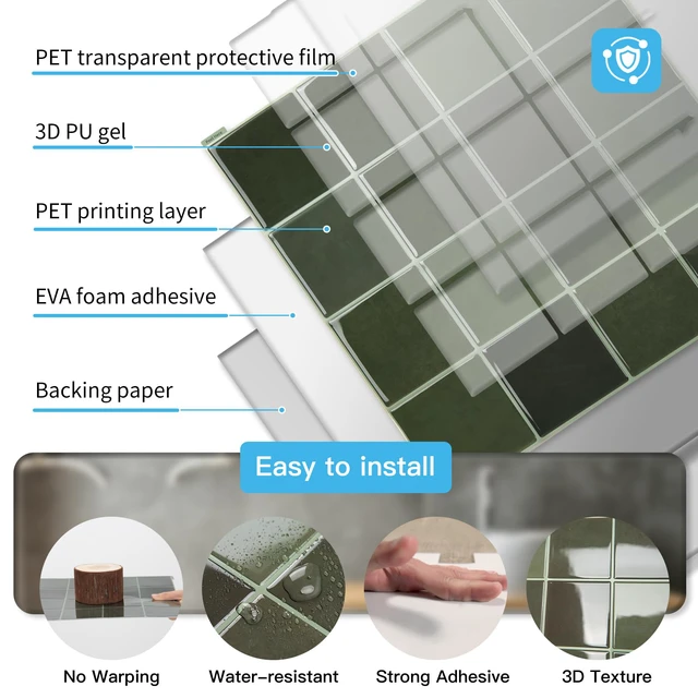 Alt view image 5 of 7 - Grid Design Peel and Stick Backsplash, 10-Pack, 12 x 12 in, Green Enhanced Thickness, Strong Adhesion, Moisture Resistant, Long-Lasting, Minimalist Look, DIY Friendly, for Kitchen Countertops