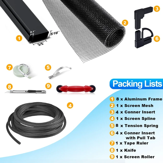 Alt view image 2 of 7 - 2 Sets Window Screen Frame Kit 5/16 in x 1/8 in x48inX48in Fiberglass Window Screen Replacement Kit not Installed Includes Full Set of Tools Suitable for WindowsBlack