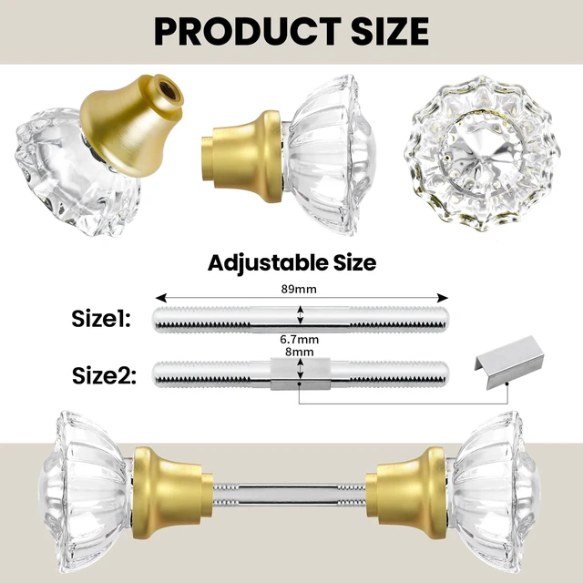 Alt view image 2 of 6 - Crystal Glass Door Knobs Interior with Spindle, Brushed Gold, 2 Pack Vintage Door Knobs for Replacement Broken Antique Mortise Lock, Old Style Interior Door