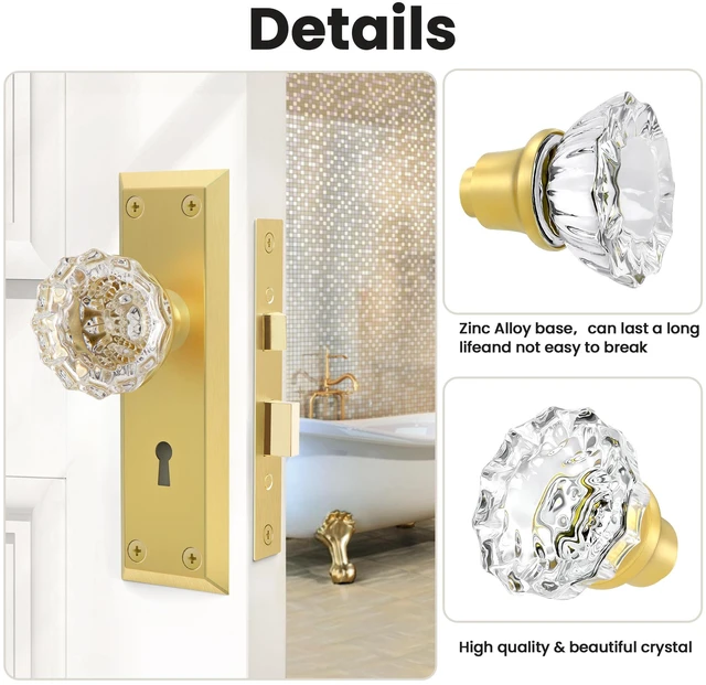 Alt view image 4 of 6 - Crystal Glass Door Knobs Interior with Spindle, Brushed Gold, 2 Pack Vintage Door Knobs for Replacement Broken Antique Mortise Lock, Old Style Interior Door
