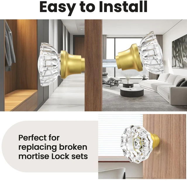 Alt view image 3 of 6 - Crystal Glass Door Knobs Interior with Spindle, Brushed Gold, 2 Pack Vintage Door Knobs for Replacement Broken Antique Mortise Lock, Old Style Interior Door