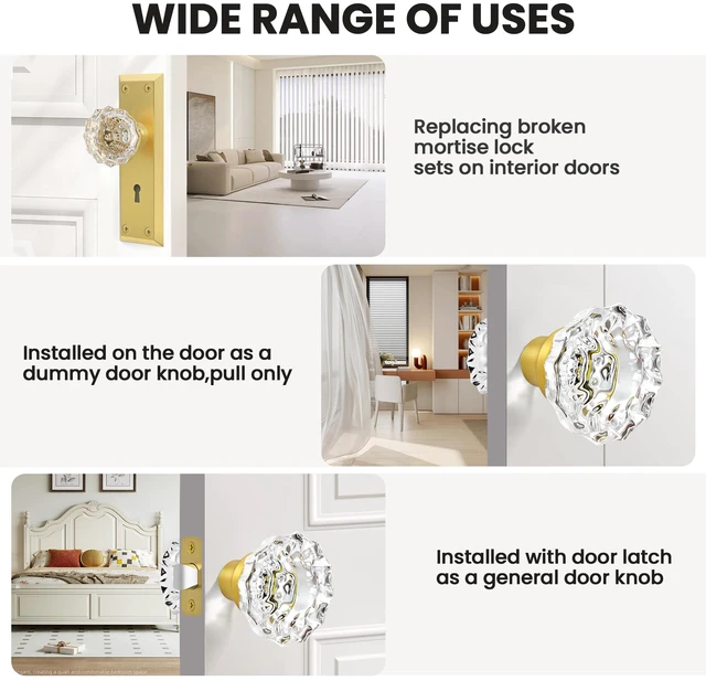 Alt view image 5 of 6 - Crystal Glass Door Knobs Interior with Spindle, Brushed Gold, 2 Pack Vintage Door Knobs for Replacement Broken Antique Mortise Lock, Old Style Interior Door