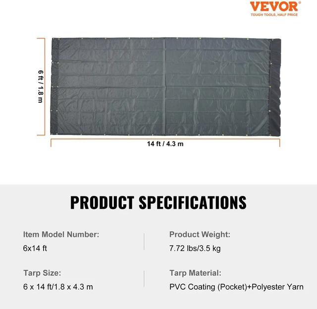 Alt view image 7 of 7 - Dump Truck Mesh Tarp, 6 x 14 ft, PVC Coated Black Heavy Duty Cover with 5.5" 18oz Double Pocket, Brass Grommets, Reinforced Double Needle Stitch Webbing Fits Manual or Electric Dump Truck System