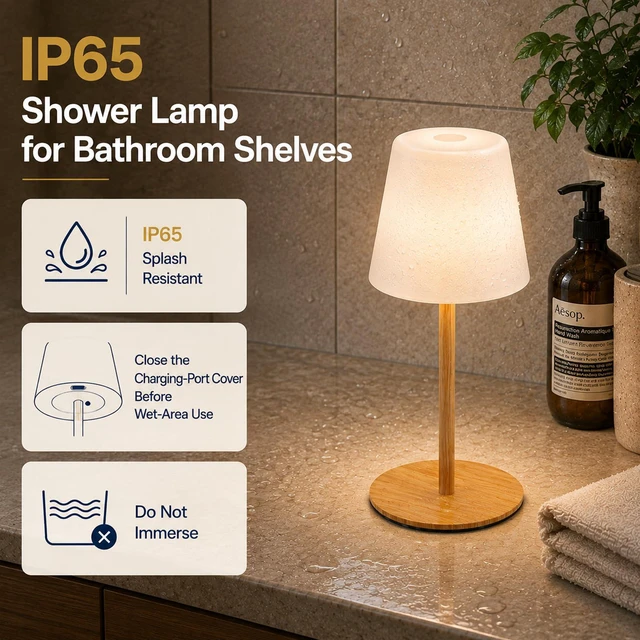 Alt view image 2 of 7 - Shower Lamp Rechargeable Waterproof Lamp, Cordless Table Lamp for Bathroom 4000mAh Battery Operated, IP65 Spa-Like Shower Light, Vanity, Bathtub and Outdoor, 3 Color Modes, Touch Dimming, Wood Grain
