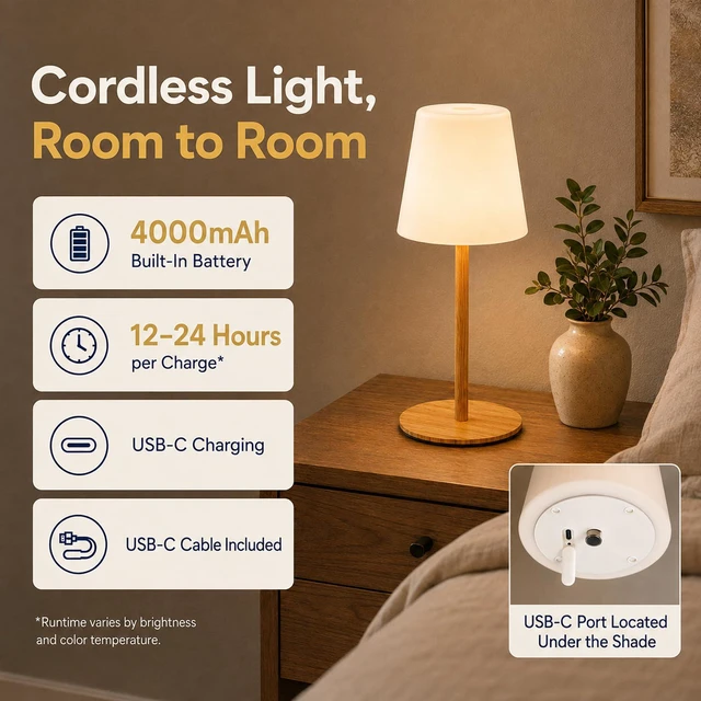 Alt view image 4 of 7 - Shower Lamp Rechargeable Waterproof Lamp, Cordless Table Lamp for Bathroom 4000mAh Battery Operated, IP65 Spa-Like Shower Light, Vanity, Bathtub and Outdoor, 3 Color Modes, Touch Dimming, Wood Grain