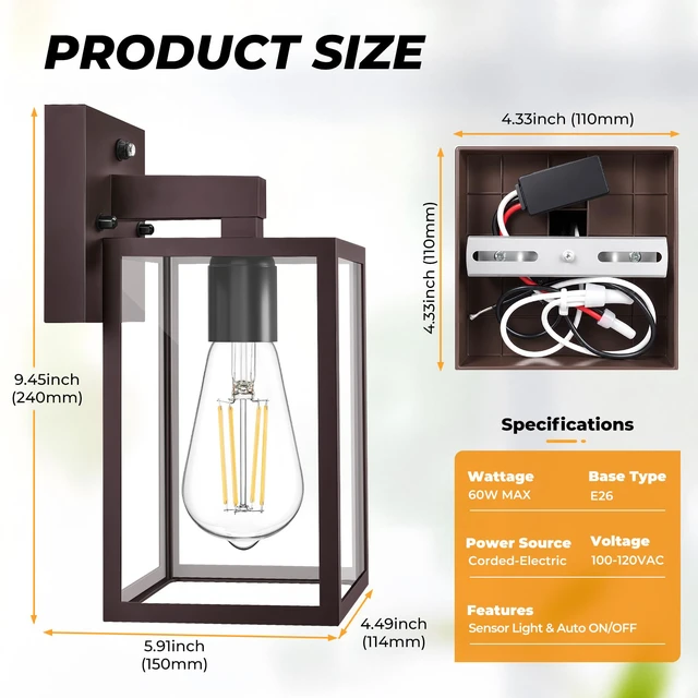 Alt view image 3 of 7 - 2 Pack Dusk to Dawn Outdoor Wall Light Fixtures, Exterior Porch Light, Waterproof Wall Sconces Lanterns, Sensor Lighting Wall Mount for House Doorway Garage, Dark Chocolate