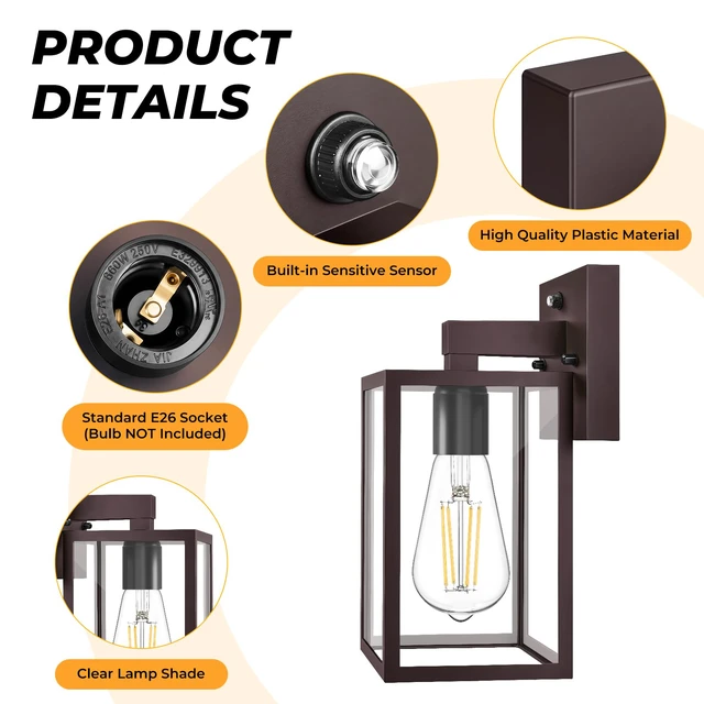 Alt view image 4 of 7 - 2 Pack Dusk to Dawn Outdoor Wall Light Fixtures, Exterior Porch Light, Waterproof Wall Sconces Lanterns, Sensor Lighting Wall Mount for House Doorway Garage, Dark Chocolate