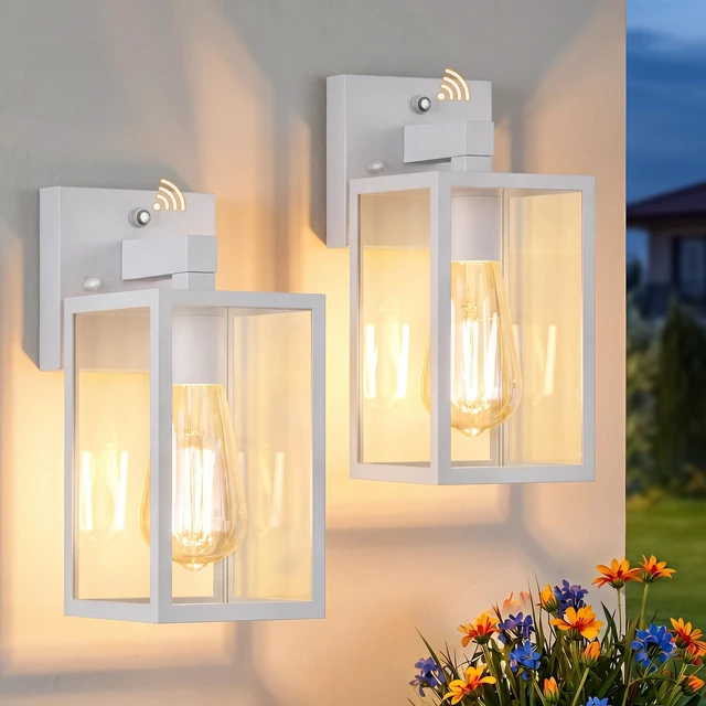 Main image of 2 Pack Dusk to Dawn Outdoor Wall Light Fixtures, Exterior Porch Light, Waterproof Wall Sconces Lanterns, Sensor Lighting Wall Mount for House Doorway Garage, White