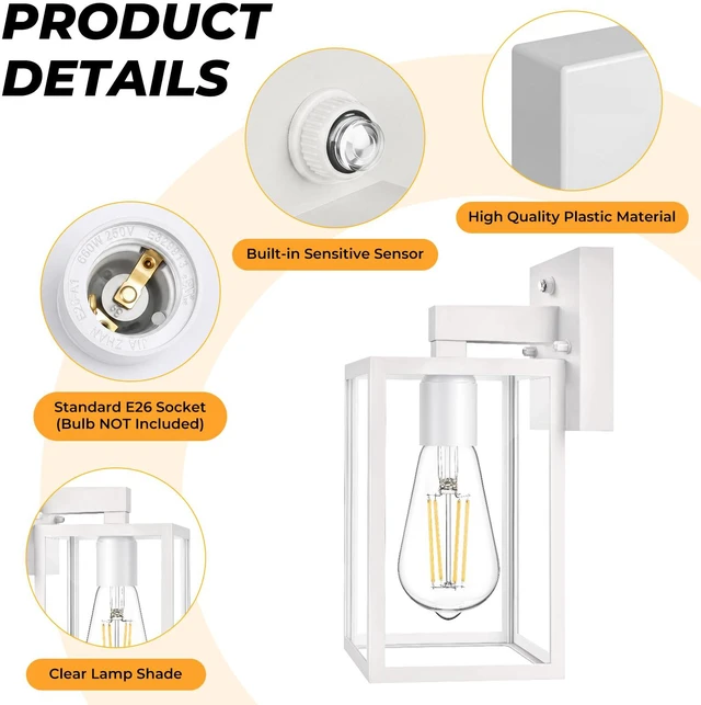 Alt view image 7 of 7 - 2 Pack Dusk to Dawn Outdoor Wall Light Fixtures, Exterior Porch Light, Waterproof Wall Sconces Lanterns, Sensor Lighting Wall Mount for House Doorway Garage, White