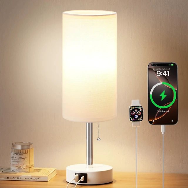 Main image of White Bedside Table Lamp for Bedroom - Small Nightstand Lamp for Girls 3 Color Temp, USB A+C Ports, LED Bulb Included, Soft White Fabric Shade, Matte White Metal Base, 14" Desk Lamp for Kids Dorm