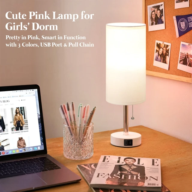 Alt view image 2 of 7 - White Bedside Table Lamp for Bedroom - Small Nightstand Lamp for Girls 3 Color Temp, USB A+C Ports, LED Bulb Included, Soft White Fabric Shade, Matte White Metal Base, 14" Desk Lamp for Kids Dorm