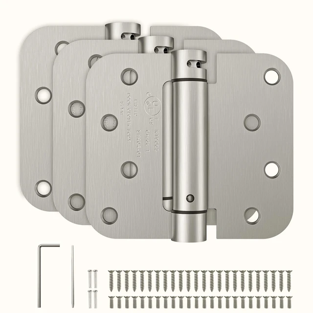 Main image of 3 Pack Self Closing Door Hinges Brushed Nickel 4 Inch Spring Loaded Hinges with 5/8'' Radius Corners Adjustable Tension for Garage, Front Back Door, UL Listed, for Left and Right Hand Door