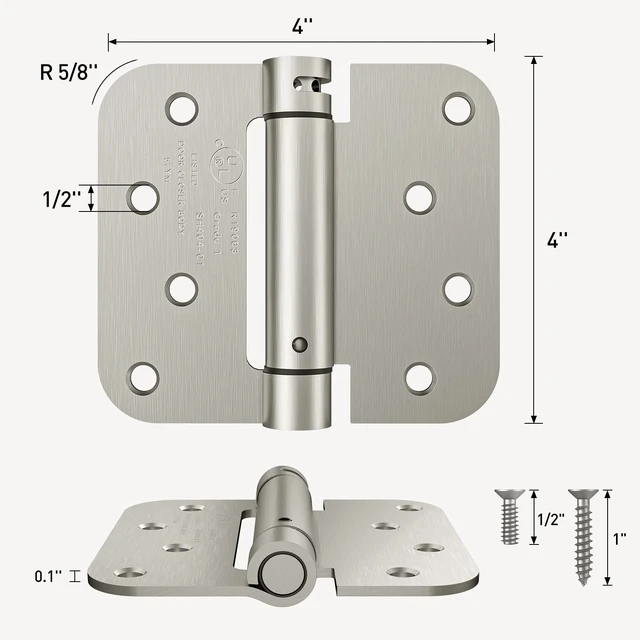 Alt view image 2 of 7 - 3 Pack Self Closing Door Hinges Brushed Nickel 4 Inch Spring Loaded Hinges with 5/8'' Radius Corners Adjustable Tension for Garage, Front Back Door, UL Listed, for Left and Right Hand Door