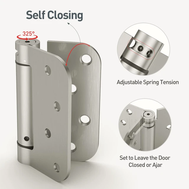 Alt view image 3 of 7 - 3 Pack Self Closing Door Hinges Brushed Nickel 4 Inch Spring Loaded Hinges with 5/8'' Radius Corners Adjustable Tension for Garage, Front Back Door, UL Listed, for Left and Right Hand Door
