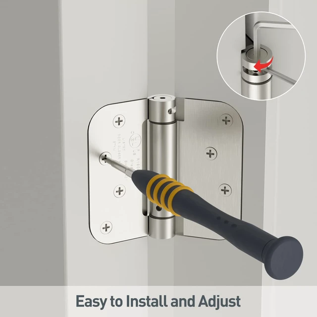 Alt view image 5 of 7 - 3 Pack Self Closing Door Hinges Brushed Nickel 4 Inch Spring Loaded Hinges with 5/8'' Radius Corners Adjustable Tension for Garage, Front Back Door, UL Listed, for Left and Right Hand Door