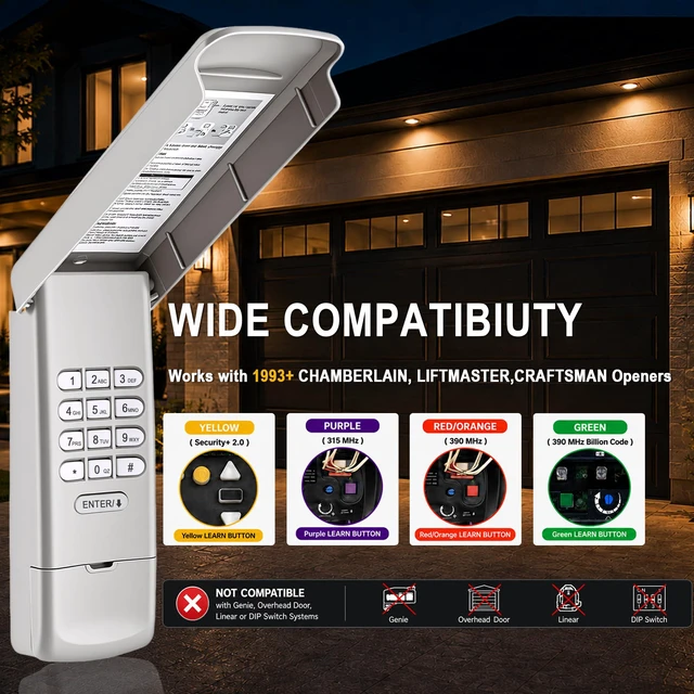Alt view image 3 of 6 - Garage Door Opener Keypad for LiftMaster Chamberlain Craftsman 1993+ Keyless entry; easy setup; replace 877LM/877MAX/G940EV-P2/377LM/977LM; fit Yellow/Purple/Red/Orange/Green Learn Buttons